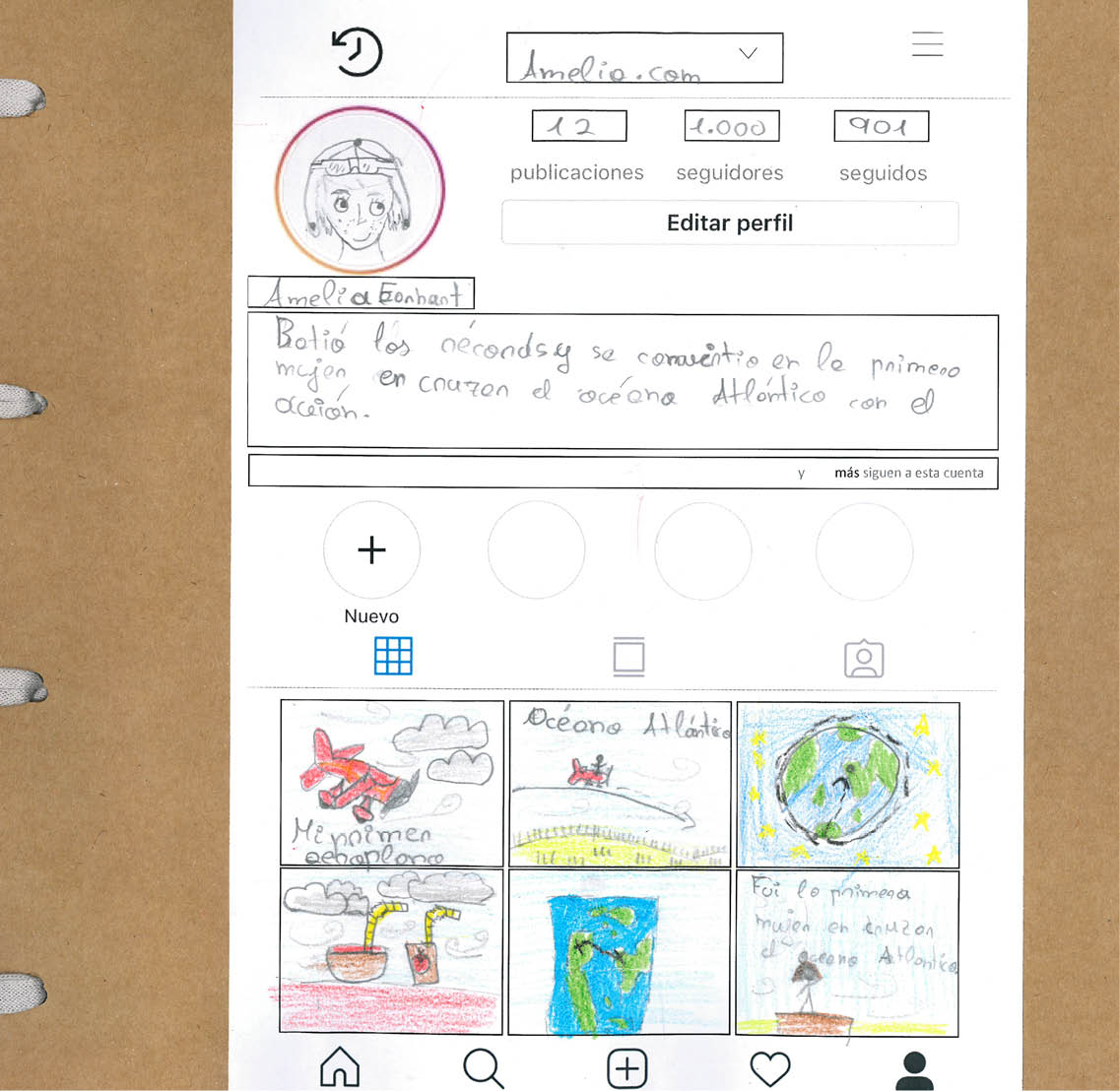 P gina en la que se detalla de manera gr fica y escrita el papel de Amelia  En la parte superior de la hoja aparece escrito Amelia com y debajo dibujada la cara de Amelia  Al lado derecho aparece escrito 12 publicaciones, 1000 seguidores y 901 escritos  En la parte inferior hay 6 cuadrados, 3 arriba y tres abajo y en cada uno de ellos hay representado algo  En el primero hay un dibujo de un aeroplano en color rojo  En el segundo se representa ese mismo aeroplano cruzando el oc ano  En el siguiente hay un dibujo del globo terr queo con una silueta de persona corriendo  En el cuarto hay dos dibujos de lo que parecen ser una taza con pajita y un brick de zumo con pajita  En el quinto aparece el dibujo con la representaci n de Am rica y Europa y  frica con una l nea que va de Am rica a  frica representando el trayecto recorrido  Y en el  ltimo cuadrado aparece dibujada la silueta de una mujer en un podio  