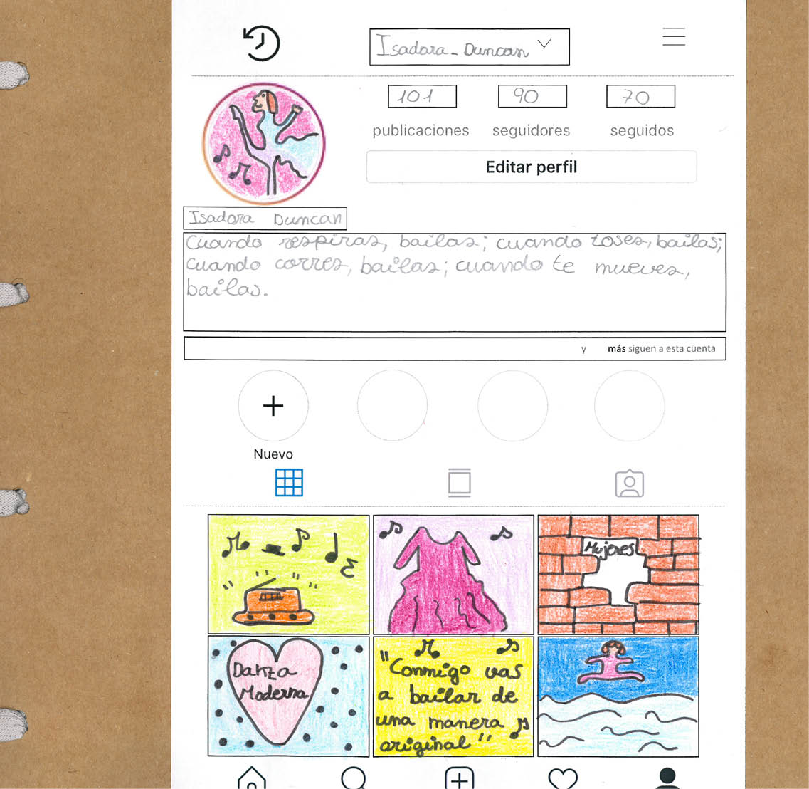 P gina en la que se detalla de manera gr fica y escrita el papel de Isadora Duncan  En la parte superior de la hoja aparece escrito Isadora com y debajo un dibujo de una bailarina elevando una pierna  Al lado derecho aparece escrito 101 publicaciones, 90 seguidores y 70 seguidos   Debajo hay 6 cuadrados, 3 arriba y tres abajo, en los que aparece dibujos del una radio de la que salen notas musicales, un vestido rosa de bailarina, una pared de ladrillos en la que en el centro pone  mujeres , un coraz n en el que pone  danza moderna , frase escrita con notas alrededor en la que pone  conmigo vas a bailar de una manera original y la silueta de una bailarina dando un salto 