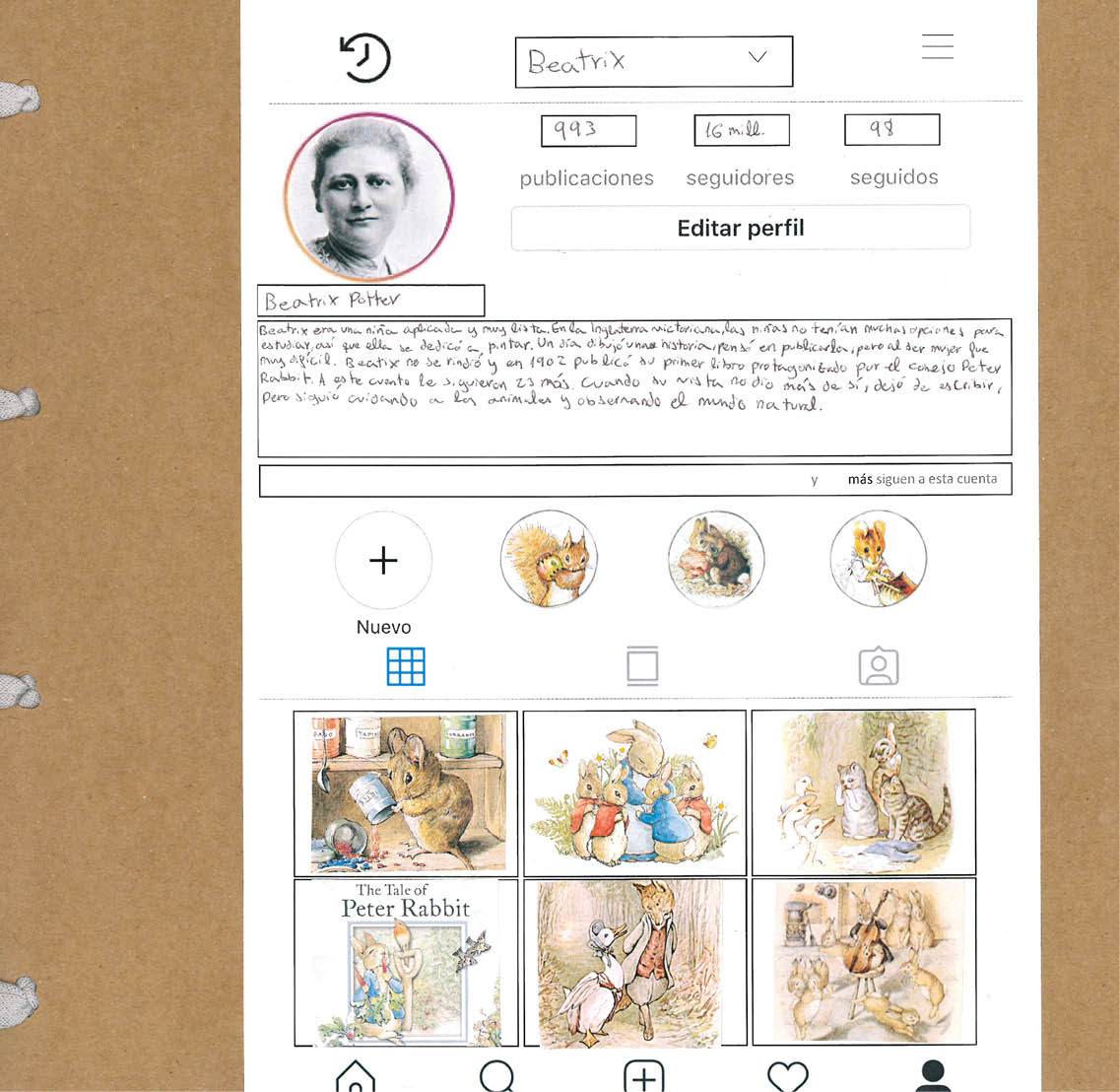 P gina en la que se detalla de manera gr fica y escrita el papel de Beatrix Potter  En la parte superior de la hoja aparece escrito Beatrix y debajo una foto de Beatrix  Al lado derecho aparece escrito 993 publicaciones, 16 millones seguidores y 98 seguidos  Debajo hay 6 cuadrados, 3 arriba y tres abajo, en los que aparecen im genes del cuento de Peter Rabit  