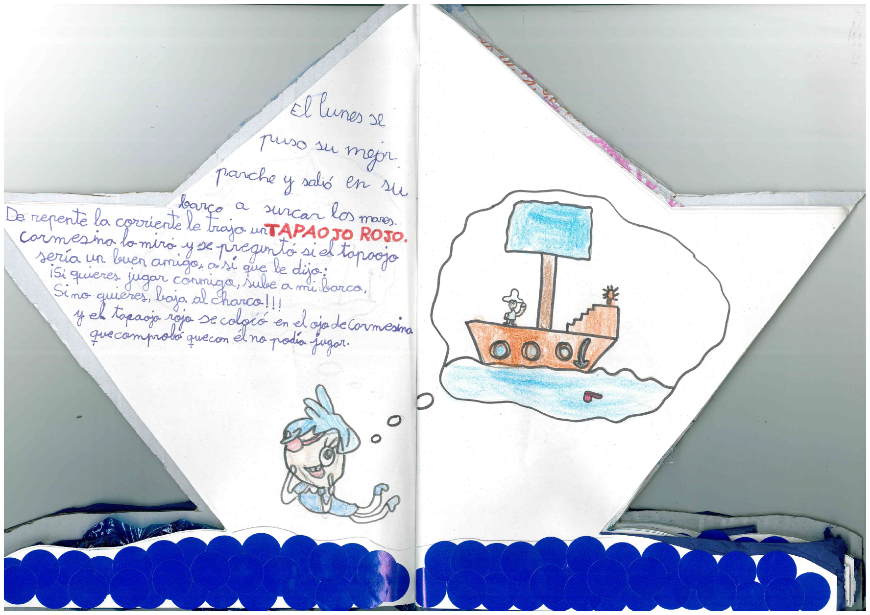 vuelve a aparecer el dibujo del barco, en una vi eta, representado como una vi eta, los pensamientos de Carmesina. La ni a est nadando, con un parche rojo en el ojo, vestida de azul y sonr e.