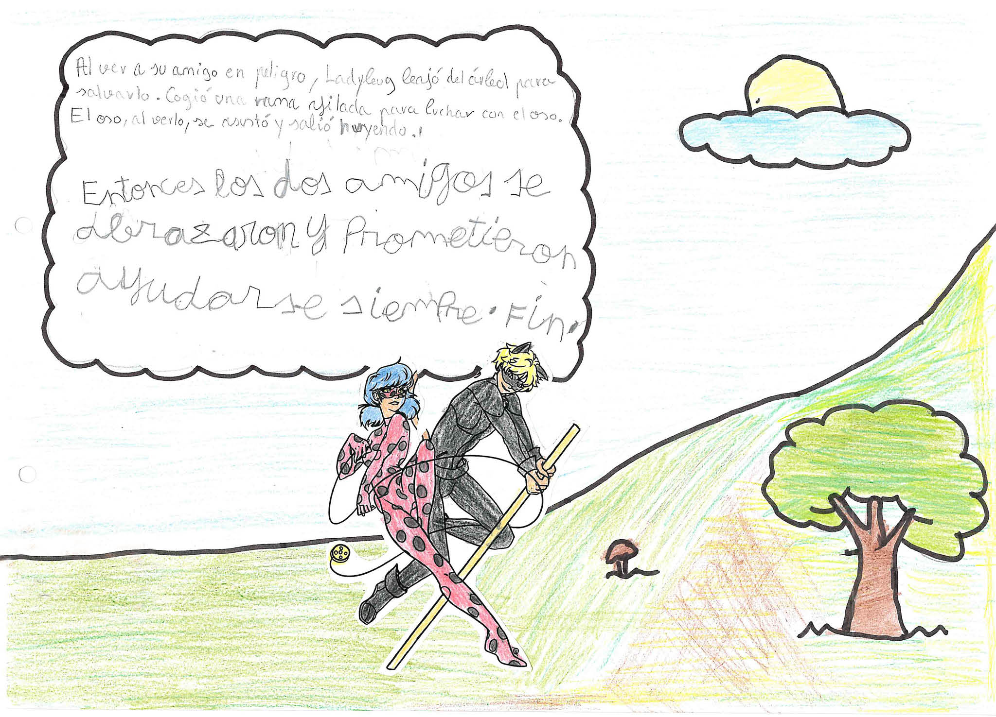 Los dos hamigos est n de pi  luchando  Ladybug con un yoy  amarillo y Cat Noir con una vara hacen huir  al oso 