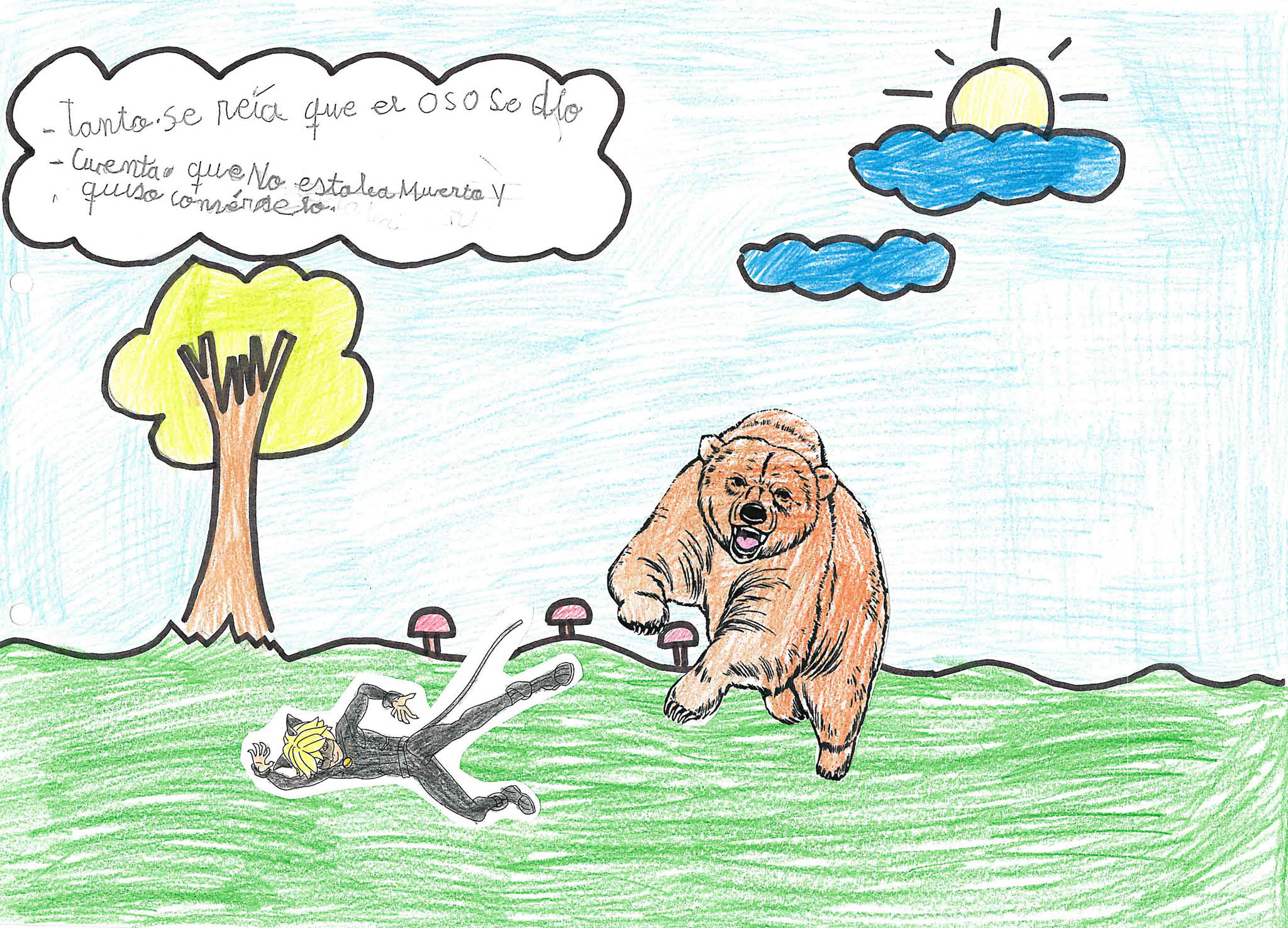 Cat Noir sigue tumbado en el suelo mientras el oso abrie la boca en se al de amenaza 