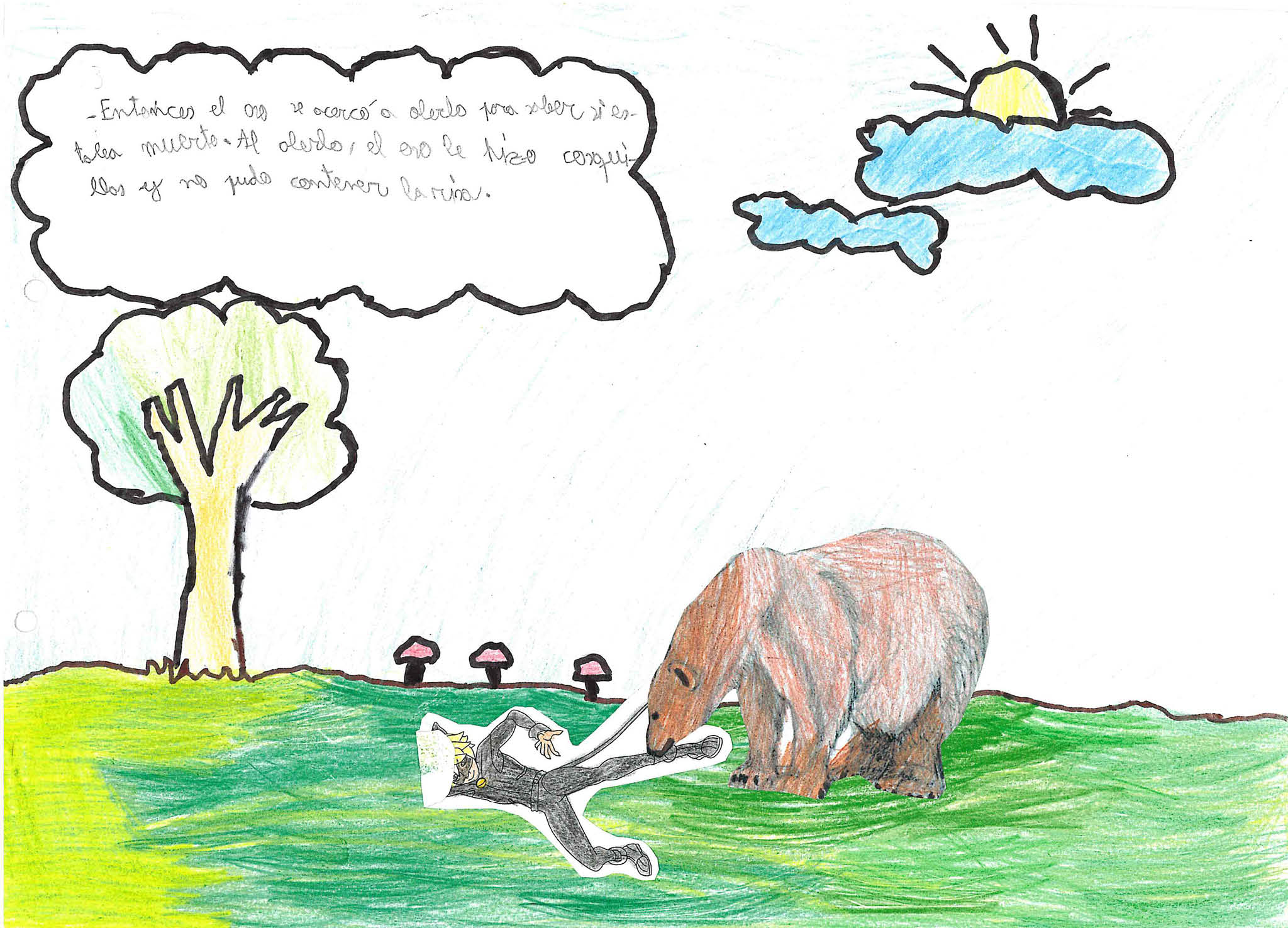 El oso oliendo a Cat Noir que sigue tumbado en el suelo 