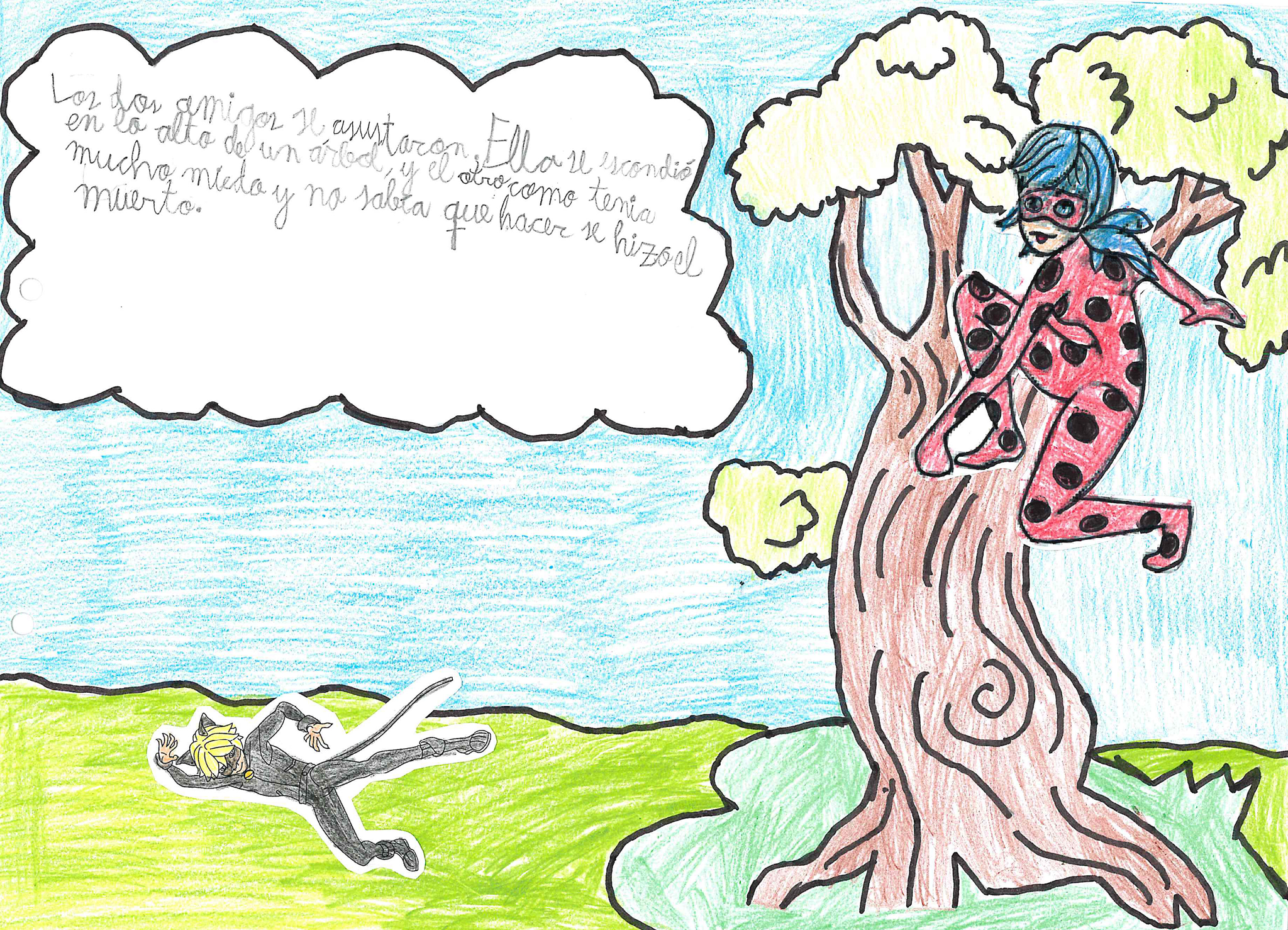 Ladybug subida a un gran  rbol y Cat Noir est  en el suelo tumbado haci ndose el muerto 