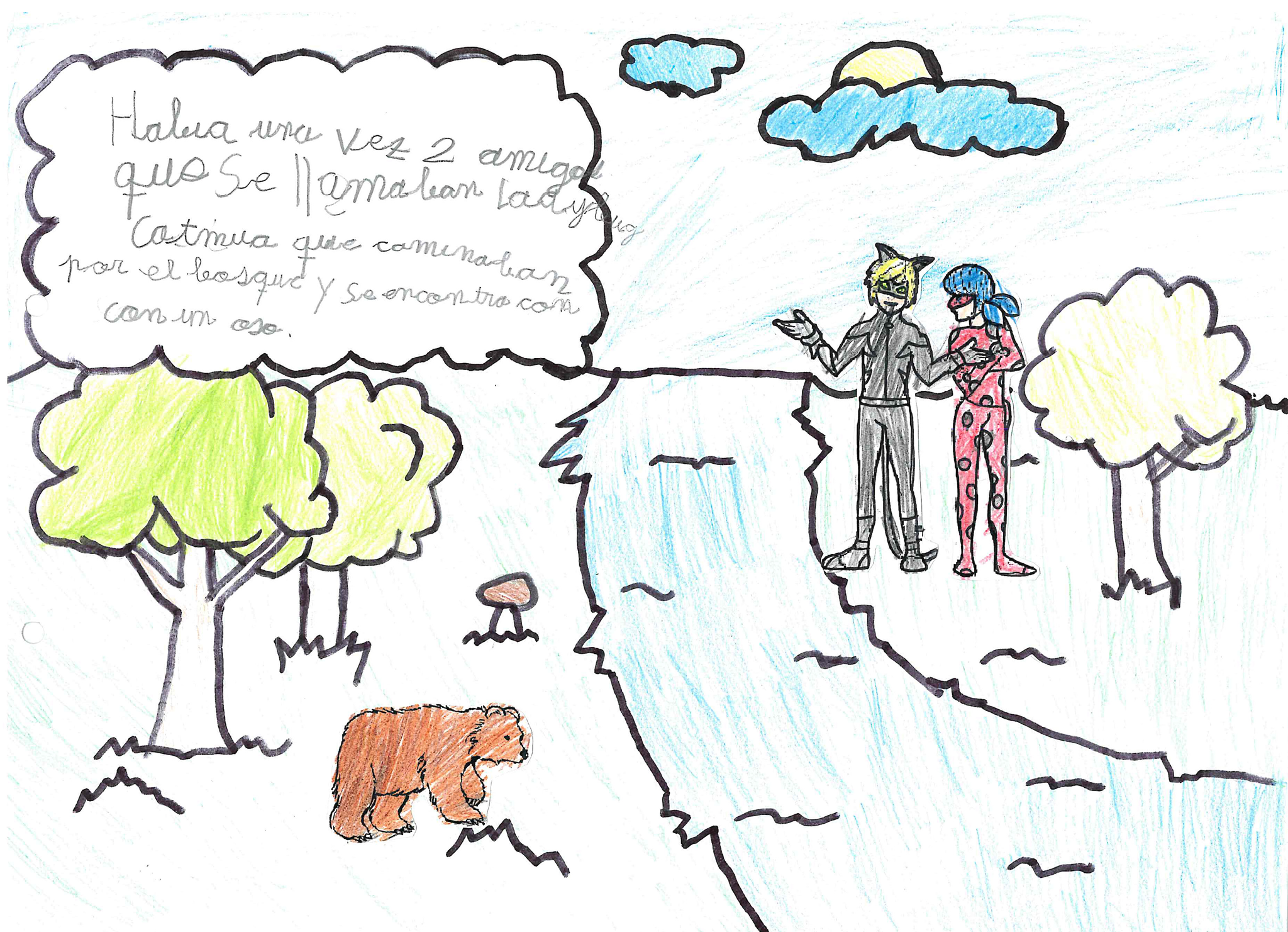 Ladybug y Cat noir de pi  hablando en el campo delante de un r o  detr s de ellos un  rbol y nubes con el sol en el cielo   Al otro lado del r o est  un oso marr n que les mira amenazante 