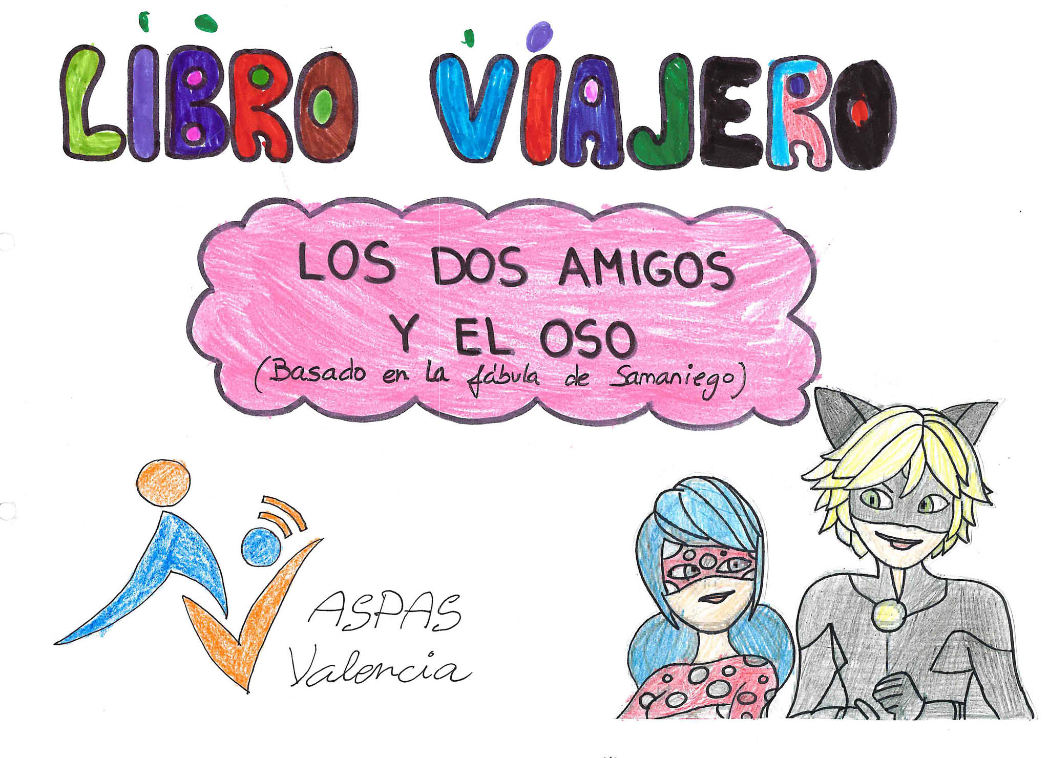 Dibujos de los personajes  Ladybug  con pelo azul  antifaz y traje rojo con lunares grises  y Cat noir  con pelo rubio  con antifaz y orejas de gato y traje negro  Protagonistas de la serie de dibujos infantil  Lady bug 