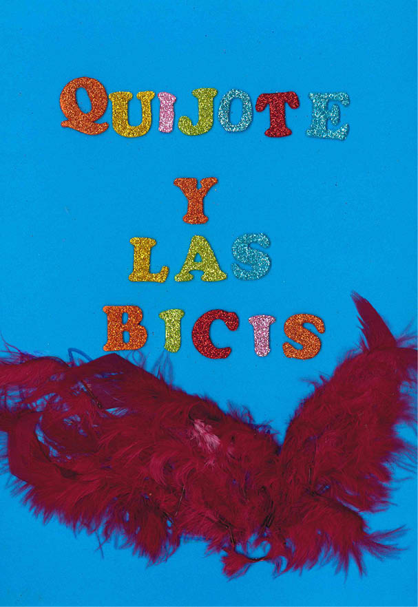 t tulo  Quijote y las bicis    la palabra aladas se representa con plumas de color morado imitando a unas alas