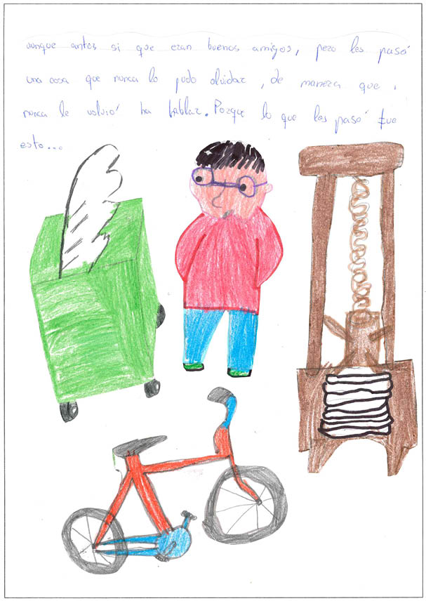 Dibujo de un ni o con gafas  jersey rojo y pantalones azules que representa a Quijote  que mira a una gran caja con ruedas y alas a la izquierda  Al otro lado hay un dibujo de lo que parece ser una gran m quina marr n y una bicicleta de color naranja y azul 