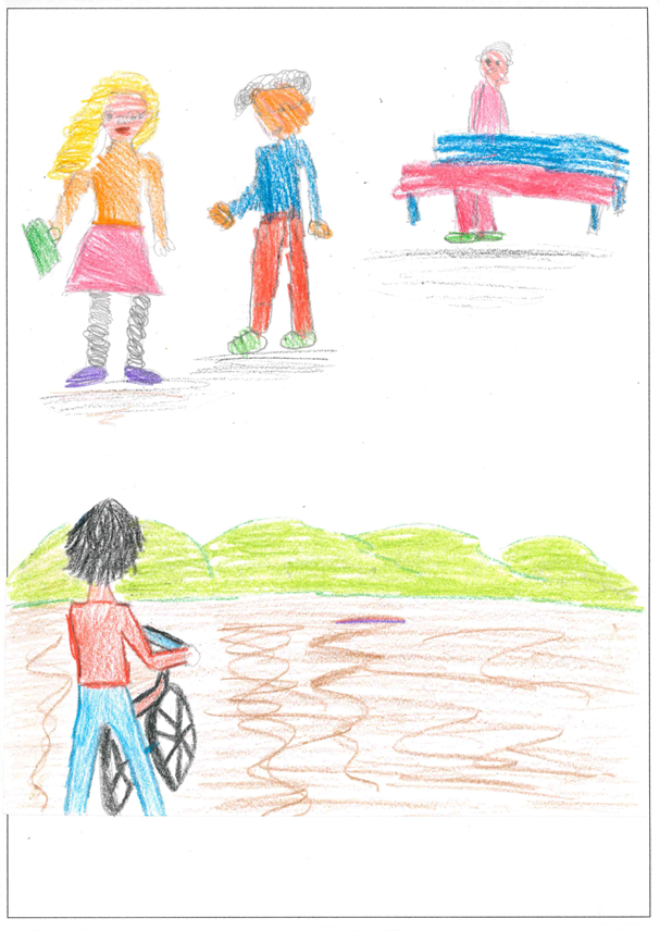 Dibujo en el que se representa al ni o Quijote en su bici de espaldas mirando a dos ni os y una ni a en el parque hablando y con una bolsa de lo que parecen ser chucher as en la mano  Uno de los ni os  que representa a su amigo el Cid est  hablando con la ni a lleva gafas y un jersey azul y pantalones rojos  La ni a viste con un jersery naranja y falda rosa  El otro ni o  est  m s alejado detr s de un banco 