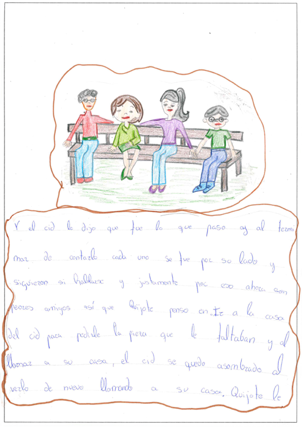 Dibujo que representa a los ni os Quijote y el Cid sentados con sus madres en un banco   Los ni os est n a los lados del banco y sus madres en el centro y todos miran al frente 