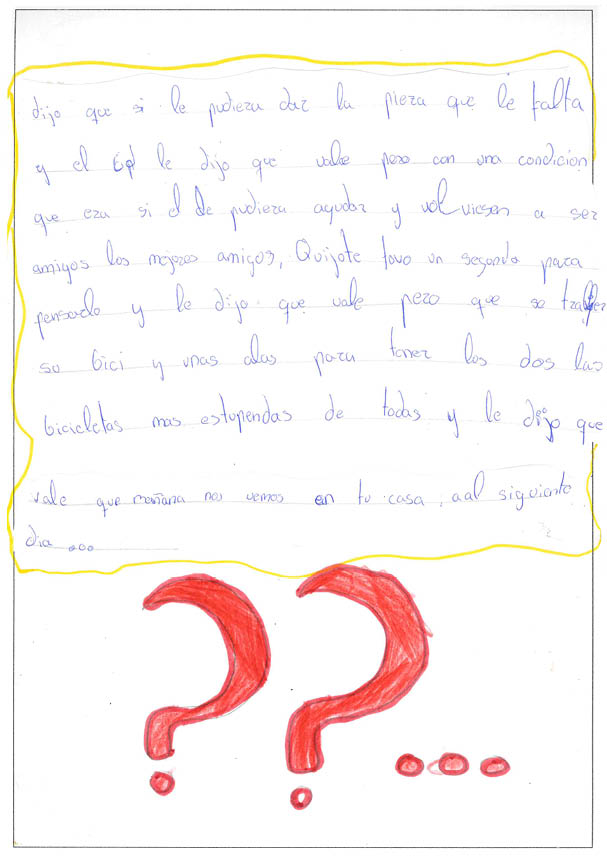 Texto manuscrito por el autor  Debajo del texto aparecen dibujadas dos interrogaciones muy grandes en rojo con tres puntos suspensivos 