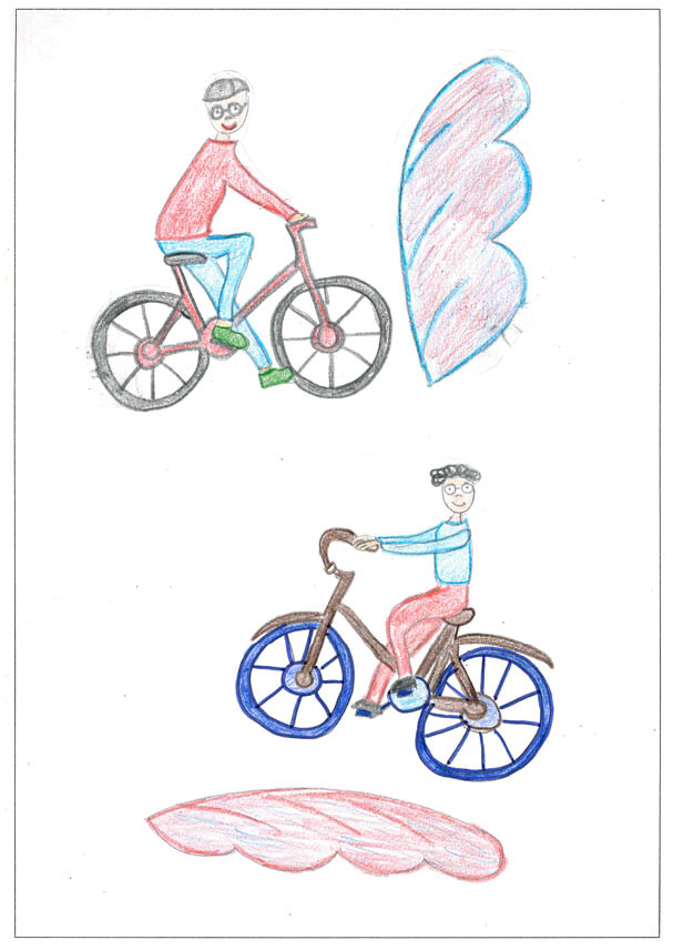 dibujo representa a los dos ni os  Quijote y el Cid en sus bicis con alas mirando de lado y sonriendo mientras prueban sus bicis voladoras 