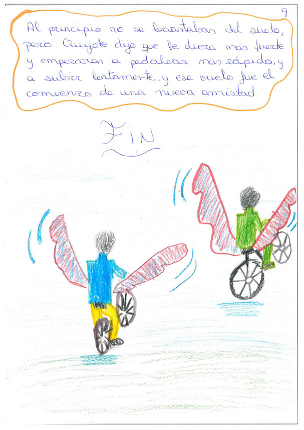 Quijote y Cid estan dibujados de espaldas montando en las bicis  representando que est n volando 