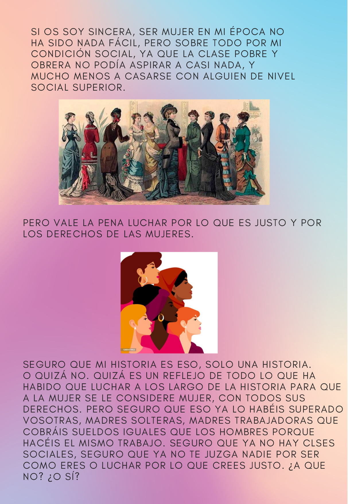 una ilustraci n del libro en la que se representa un grupo de mujeres de pie, vestidas de poca, con argos vestidos y hablando, en total hay un grupo de 10 mujeres. Abajo se representa un dibujo realizado por ordenador de un grupo de 5 mujeres, en este caso desde la cabeza a algo m s del cuello