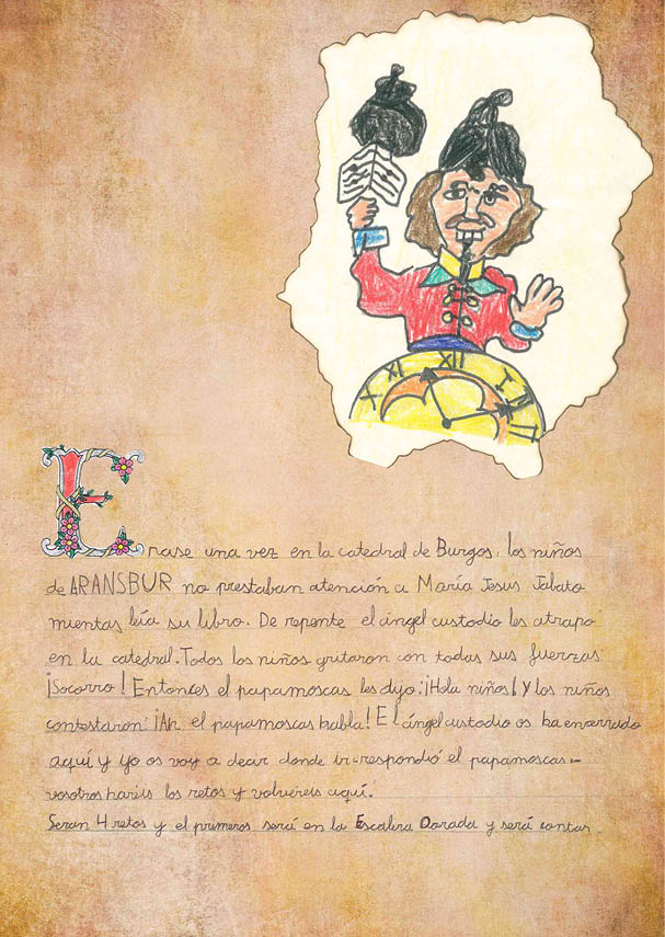 Página en la que se muestra un dibujo infantil de un personaje de época parece que representando al papamoscas, con casaca roja, sombre de color negro, y en la parte inferior del dibujo un gran reloj dorado 