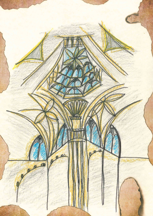 Dibujo infantil del interior de la catedral de Burgos en el que se representan columnas, la vidriera superior y varias ventanas  Está elaborado a lápiz y coloreado de tonos amarillos, azules y marrones 