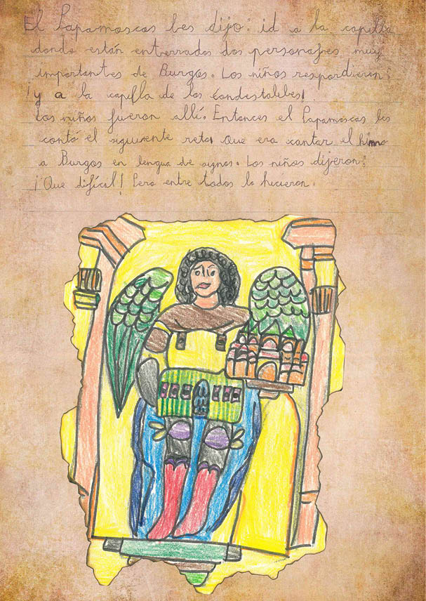 Dibujo infantil que representa al ángel custodio con la catedral de Burgos en la mano  Tiene grandes alas verdes, pelo negro y está vestido camisa, pantalones cortos y medias debajo y botas rojas 