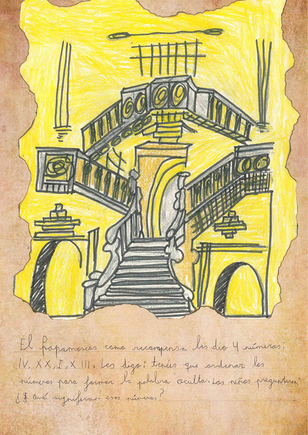 Dibujo infantil a página completa de una gran escalera de la catedral, que en la parte de arriba se bifurca en dos direcciones 