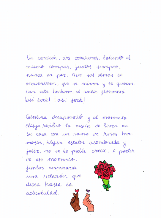 Dibujo de gran colorido de un ramo de 5 rosas rojas envueltas con un papel verde intenso y sujetas con un lazo verde. Debajo del ramo se ven dos manos, una de raza blanca al lado de otra de raza negra, con sus dedos pulgar e ndice representando corazones de color marr n y rojo