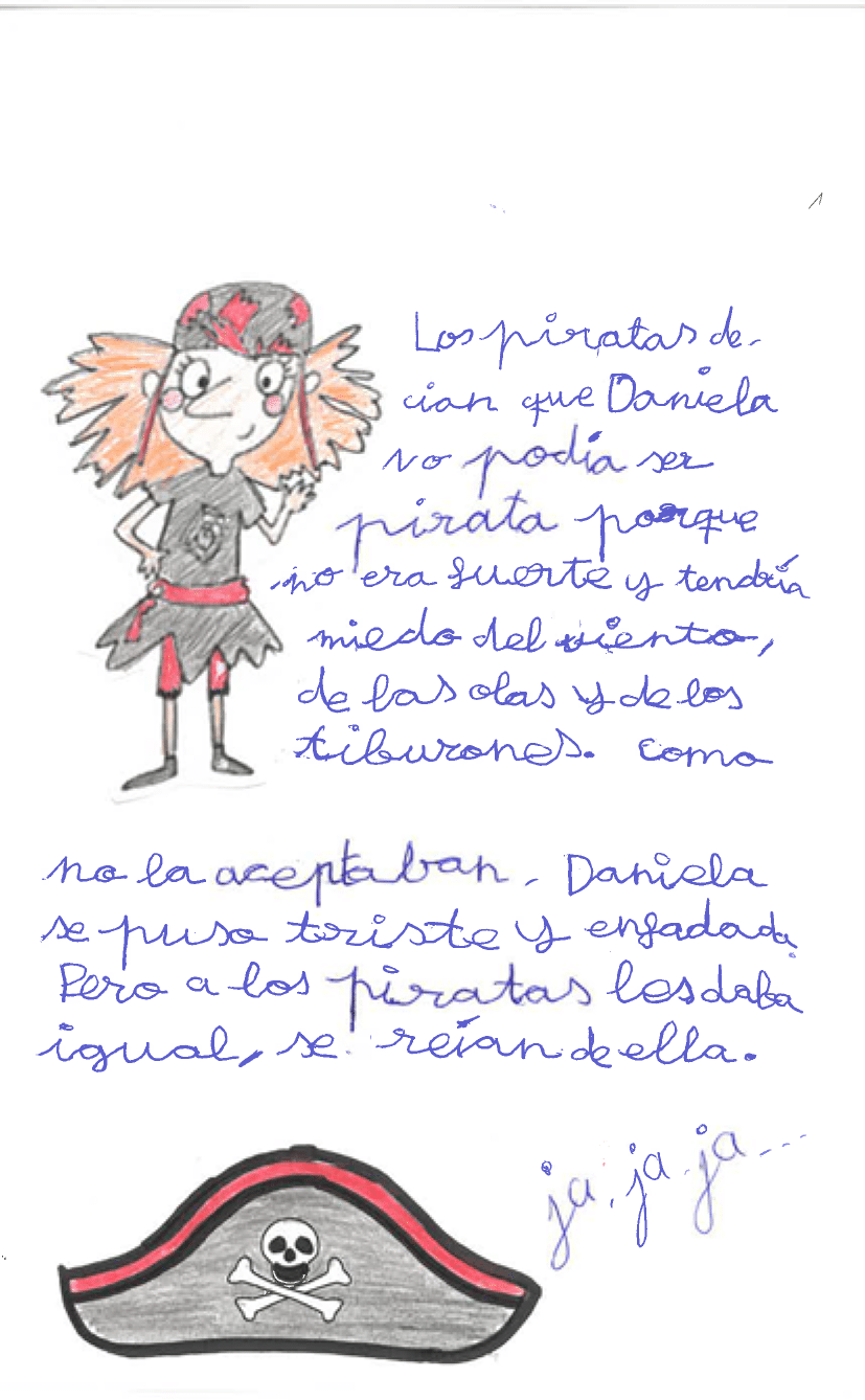 En la parte superior se representa un dibujo infantil en el que aparece una ni a vestida de pirata. Tiene el pelo marr n, un gorro gris y un vestido gris a juego. El cintur n y las medias que lleva en rojo, as como las manchas de colores del gorro. En la parte inferior hay un dibujo infantil de un gorro de pirata, es gris con l neas rojas y en el centro tiene una calavera y dos huesos cruzados en blanco