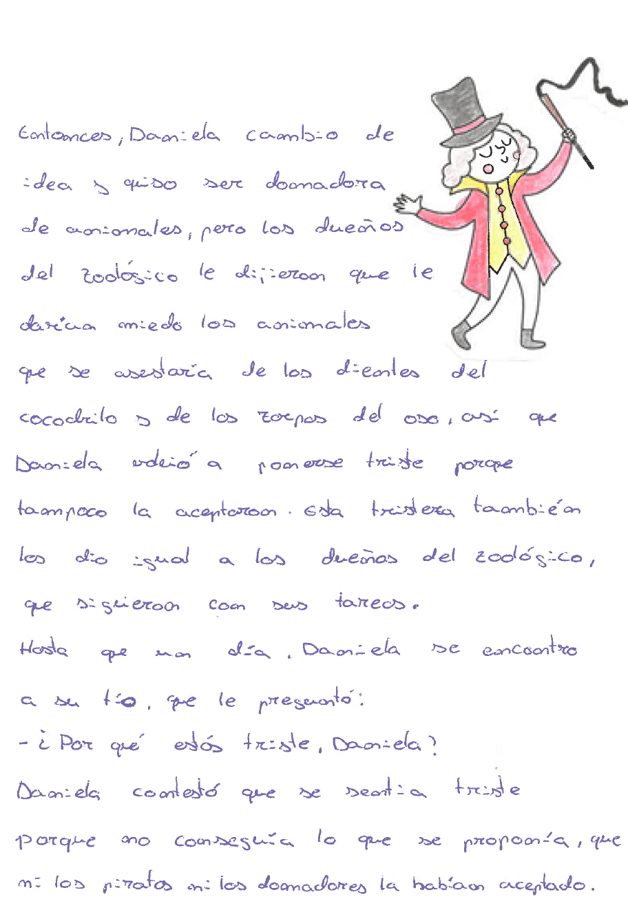 La imagen muestra un dibujo de una ni a vestida de domadora, con un gran sombrero gris, una casaca roja, camisa amarilla con botones rojos. Y sostiene el l tigo de domadora