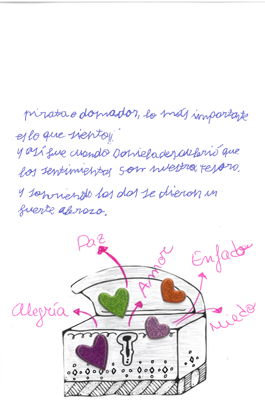 La imagen muestra una ilustraci n del cofre de la portada abierto, adornado con 4 corazones de fieltro en colores con purpurina, y del cofre salen unas fechas con las palabras paz, amor, enfado, miedo y alegr a.