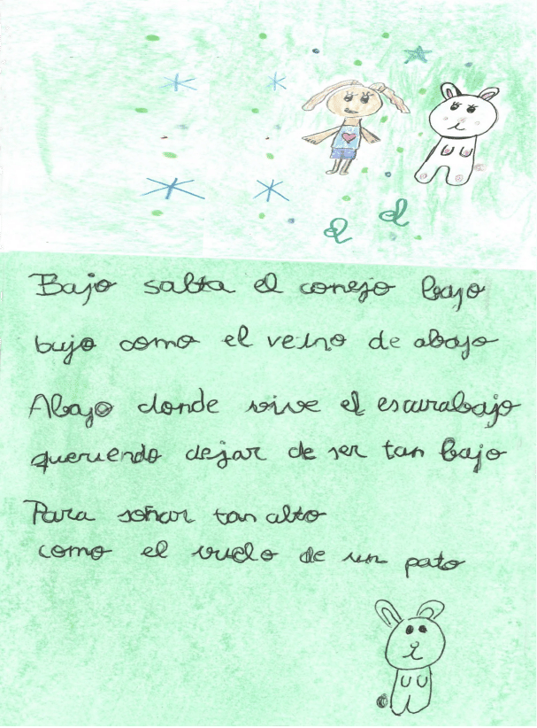 en la parte de arriba, el dibujo muestra a una ni a y un conejo tirados en el c sped, con estrellas decorativas. La ni a tiene el pelo cogido con 2 coletas de color marr n claro. Sus ojos son grandes y oscuros, con pesta as y est sonriendo. Lleva una blusa azul con un coraz n rosa en el centro y un pantal n corto azul. Sus brazos est n extendidos hacia los lados y sus piernas son delgadas. A su lado hay un conejo blanco, tiene orejas largas con el interior rosado, ojos grandes y oscuros con pesta as, una peque a nariz rosa y tambi n est  sonriendo. Sus patas tienen las pezu as rosas.  La parte de abajo, el fondo est  coloreado en tonos verdes. Otra vez el conejo est  dibujado en contornos negros sobre el fondo verde, sin colorear. El conejo tiene una cabeza redonda y orejas largas y delgadas. Sus ojos son dos peque os c rculos oscuros, y su nariz es un peque o tri ngulo. La boca es una l nea curva, y el cuerpo est  representado con un contorno sencillo, mostrando dos patas delanteras separadas y una cola redonda en la parte trasera.  