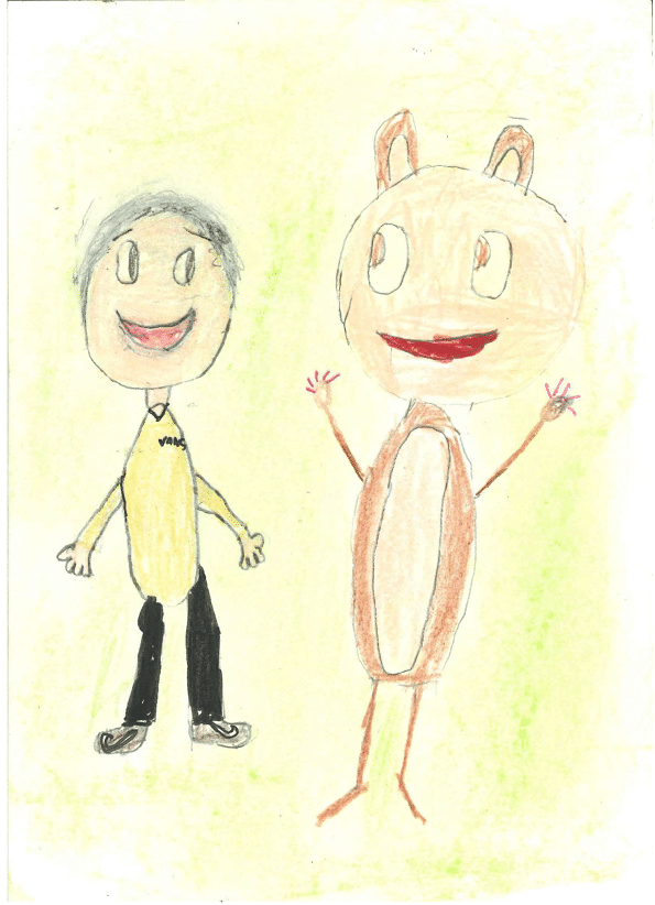 La imagen muestra un dibujo colorido con dos personajes. A la izquierda, hay un dibujo de un ni o, con una cabeza redonda y sonriendo. El ni o tiene el pelo corto y negro, y lleva una camiseta amarilla con la palabra “VANS" escrita en la parte superior. Sus pantalones son negros, y sus zapatos son de un color oscuro. Sus brazos est n extendidos hacia los lados. A la derecha, hay un personaje que parece un animal, similar a un conejo o un perro. Este tiene una cabeza redonda y grande, con orejas largas y puntiagudas. Sus ojos son grandes y redondos, y tiene una gran sonrisa. Su cuerpo es de color marr n claro, con una especie de mancha blanca en el centro del pecho. Sus brazos tambi n est n levantados, con las manos extendidas hacia los lados. El fondo es de color amarillo. 