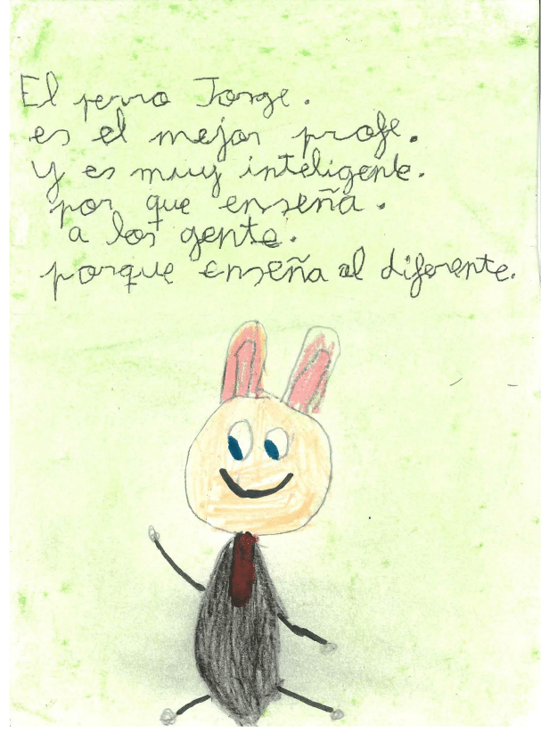 La imagen representa a un perro vestido con traje negro. El perro tiene una cabeza redonda de color naranja claro, con grandes ojos azules y una sonrisa amplia. Sus orejas son largas y de color rosa en el interior. Lleva un cuerpo oscuro de color negro, con un peque o chaleco rojo en la parte del cuello y una corbata roja. Tiene los brazos extendidos hacia los lados, Las piernas son cortas y delgadas, y tambi n est n extendidas. El fondo de la imagen es de un color verde suave.