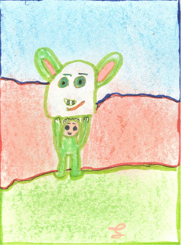 La imagen muestra un dibujo colorido de un personaje sujetando una gran cabeza de conejo. La cabeza del conejo es de color blanco con orejas grandes y verdes, y tiene ojos verdes, una nariz peque a y dos dientes grandes visibles. La boca est sonriente y tiene una l nea naranja que parece ser una zanahoria. El cuerpo debajo de la cabeza del conejo es peque o y est  representado por una figura de un ni o vestida con un traje verde y est  levantando las manos, sosteniendo la cabeza del conejo. El fondo de la imagen est  dividido en colores suaves, con una franja rosa en la parte superior y verde en la parte inferior. El cielo es de un azul claro. 