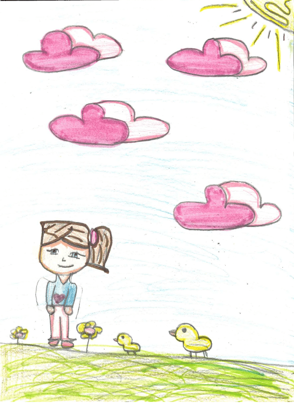 La imagen muestra un paisaje colorido con una ni a de pie en el centro. La ni a tiene el pelo casta o claro en una coleta con un lazo rosa, y lleva una camiseta azul con un coraz n rosa en el centro. Ella sonr e y parece. Detr s hay unas peque as alas blancas, como si fuera un ser m gico. En el fondo, el cielo es azul con nubes de color rosa y un sol amarillo que brilla en la esquina superior derecha. En el suelo, hay una pradera verde llena de flores de colores, como rosadas y amarillas. Cerca de la ni a, hay dos peque os patos de color amarillo, que parecen estar caminando hacia ella 