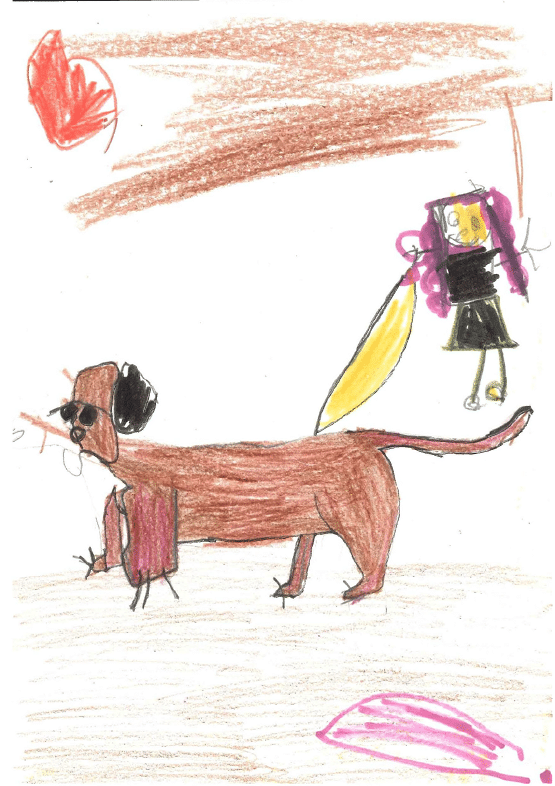 La imagen muestra un dibujo colorido de un perro salchicha y una ni a. El perro es largo, de color marr n, con orejas grandes y negras, y tiene un cuerpo robusto. Su cola es larga y marr n. La ni a tiene el pelo largo y rizado, de color rosa, y usa un vestido negro con una falda. Est de pie sobre el perro, sosteniendo una cinta amarilla que va hasta el perro, que podr a representar una correa hacia el perro. La ni a sonr e y tiene los brazos extendidos hacia los lados. El fondo es de color marr n claro, y hay un sol rojo brillante en la esquina superior izquierda 