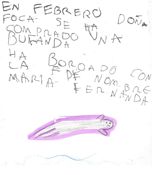 La imagen muestra un dibujo colorido que parece una foca. El cuerpo es largo y delgado, de color blanco, con una expresi n sonriente. Tiene orejas peque as y redondas, y se encuentra dentro de una forma morada que la rodea como si estuviera nadando. La parte inferior est marcada con una l nea azul que podr a representar agua.