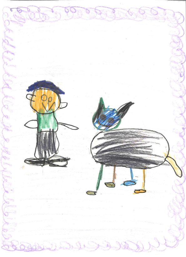 La imagen muestra un dibujo infantil, a la izquierda est representado un ni o, con una cabeza redonda de color naranja, con una cara sencilla que tiene dos ojos y una boca. Lleva un sombrero azul y un cuerpo verde, con pantalones oscuros y zapatos negros. A la derecha del ni o hay un dibujo de un gato. Tiene una cabeza redonda de color azul con orejas puntiagudas y ojos peque os. El cuerpo del gato es alargado y de color negro, con patas delgadas y de colores diferentes: verdes, azules y amarillos. El fondo est  enmarcado con un borde morado en forma de l neas onduladas, a adiendo un toque decorativo. 