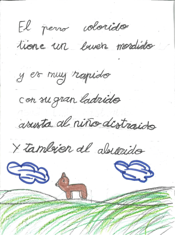 La imagen muestra un paisaje sencillo y colorido. En el centro de la imagen hay un peque o animal de color marr n, que parece un perro. El animal est de pie sobre una colina. Tiene una cabeza peque a y orejas levantadas. El fondo est  compuesto por colinas cubiertas de hierba verde, dibujada con l neas de diferentes tonos de verde. En el cielo, hay dos nubes dibujadas con contornos azules.