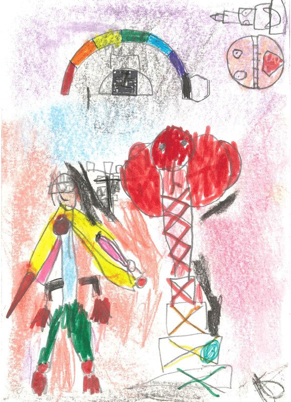 La imagen muestra un dibujo colorido con varios elementos abstractos. A la izquierda hay un dibujo que parece representar a un ni o. La persona tiene una cabeza redonda, con cabello largo y oscuro. Est vestido con una camiseta amarilla, pantalones verdes y zapatos rojos. Los brazos est n extendidos, y tiene una expresi n sonriente. En el fondo, se observa un arco iris que cruza de lado a lado en la parte superior de la imagen. Justo debajo del arco, hay un objeto rectangular que parece ser un edificio o estructura, en colores oscuros. A la derecha de la figura del ni o hay una gran forma que parece una torre o estructura roja, con detalles en l neas cruzadas de color negro, amarillo y naranja. En la esquina superior derecha, hay una forma redonda que podr a ser un planeta o una esfera con detalles de color naranja y rojo. El fondo tiene tonos de morado, rosa y azul, creando una atm sfera vibrante y din mica 