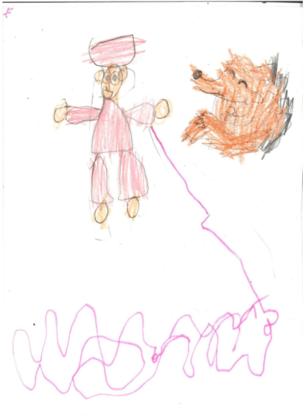 La imagen muestra un dibujo colorido y sencillo. A la izquierda, hay una figura de un ni o o ni a, tiene una cabeza redonda, ojos grandes y lleva un sombrero rosa. Est vestida con una camisa y pantalones tambi n de color rosa. Sus brazos est n extendidos hacia los lados, y su cuerpo parece estar en el aire. A la derecha hay un animal que parece un zorro o un erizo. El animal tiene un cuerpo anaranjado y una cabeza m s grande, con orejas puntiagudas y una nariz alargada y parece estar mirando hacia la persona sonriendo. Abajo, hay l neas onduladas en color rosa, el fondo es blanco, lo que hace que los colores de los personajes resalten 