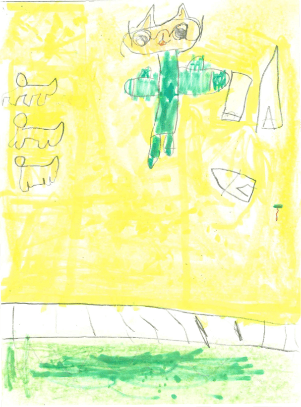 La imagen muestra un dibujo de una ni o que parece estar volando o flotando. Tiene una cabeza redonda con orejas puntiagudas, como las de un animal, y lleva gafas grandes. Est vestido con un traje verde, con detalles de color verde m s oscuro en los brazos y las piernas. Los zapatos tambi n son de color verde. A la izquierda, hay varias figuras peque as que parecen animales, que parecen perros, representados de manera simple con l neas curvas y c rculos para la cabeza. A la derecha de la persona, hay algunas formas que parecen objetos sin definir que est n flotando. El fondo de la imagen es de un color amarillo y el suelo es verde, con una l nea blanca en la parte inferior que parece representar el borde de un camino o superficie. 