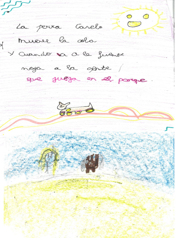 La imagen muestra un dibujo de un paisaje soleado. En el fondo, hay un sol amarillo sonriente en la esquina superior derecha, con l neas que representan sus rayos. Abajo, un perro peque o que sonr e y est sobre una l nea que parece ser un camino o colina de color rosa. El perro es de color claro con manchas y est  usando patines o ruedas en sus patas. A la izquierda y derecha de la imagen, hay algunas l neas onduladas en azul y verde, que parecen representar el viento o el movimiento del aire. El fondo es morado suave. Debajo del sol, En el primer plano, hay una figura humana, representada con pelo rubio, que parece estar de pie en el terreno. La persona est  a la izquierda de la imagen, con una forma sencilla y l neas claras. A la derecha de la persona, hay un perro peque o de color marr n. Est  de pie, mirando hacia la ni a, y tiene una forma simple. El terreno sobre el que est n es de color amarillo claro, con algunas sombras y contornos que indican una colina suave.  