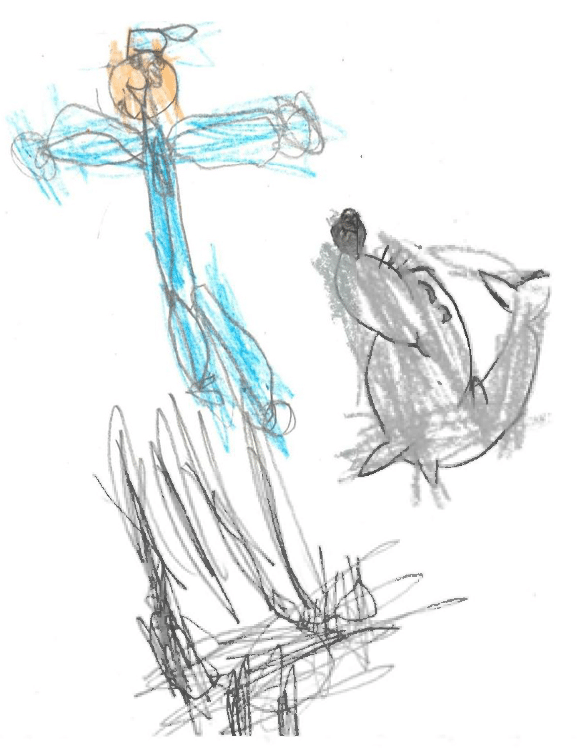 La imagen muestra un dibujo hecho con l pices de colores. En el centro de la imagen hay un ni o que parece estar saltando o flotando en el aire, tiene la cabeza redonda y el cabello de color naranja claro, con una camiseta y pantalones azules. Sus brazos est n extendidos hacia los lados, como si estuviera movi ndose. A la derecha, hay un dibujo de un animal que parece ser una foca. Est representado con un cuerpo de color gris, con una cola grande y un peque o hocico. La foca est  en una posici n curva, como si estuviera nadando 