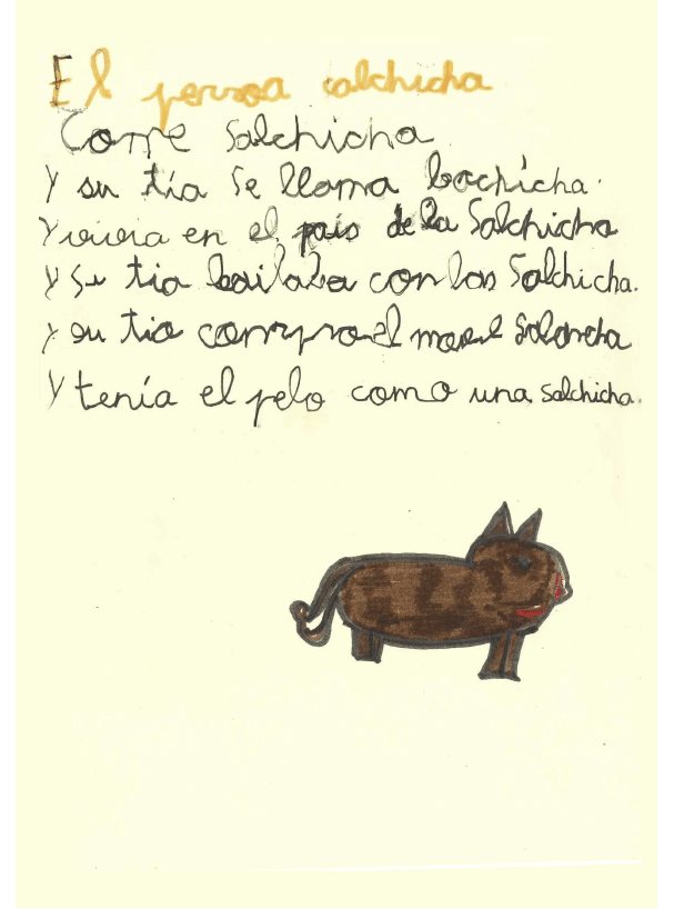 La imagen muestra un dibujo de una representaci n de un perro salchicha marr n, dibujado de manera simple y colorida. El animal tiene un cuerpo alargado de color marr n, con patas cortas y una cola rizada. Su cabeza es redonda, con orejas puntiagudas en la parte superior. Tiene dos ojos negros, una nariz peque a y roja, y una l nea roja que parece una sonrisa. El contorno del animal est repasado en negro. El fondo de la imagen es de color amarillo claro. 