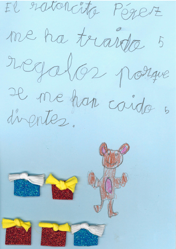 Dibujo  El Ratoncito P rez en color marr n con 5 cajas de regalo de purpurina con lazo pegadas en diferentes colores 