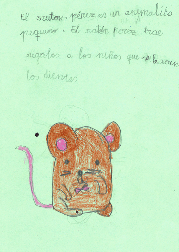 Dibujo  El Ratoncito P rez en color marr n y sonriendo  se sujeta sobre dos patas 