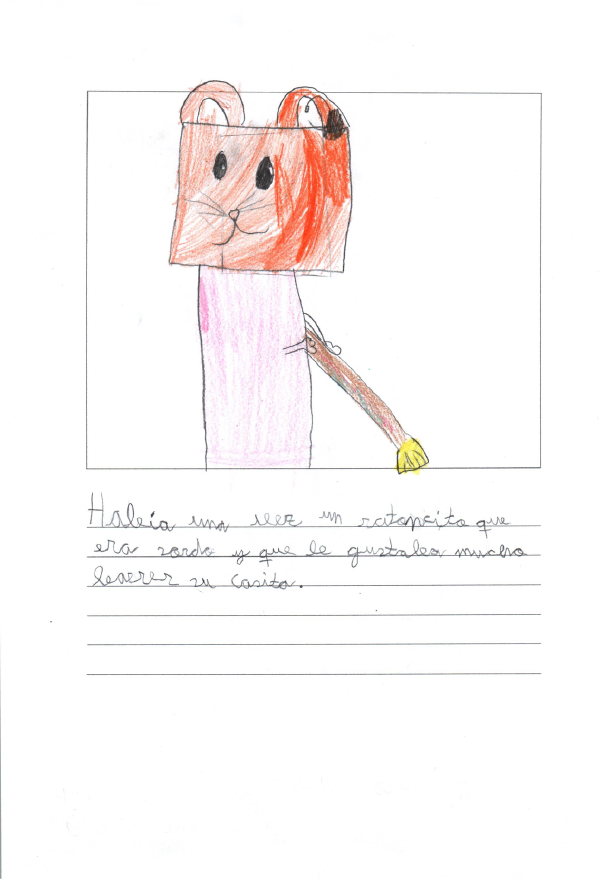 dibujo infantil de un ratoncito que tiene un implante coclear   El ratoncito es de color marrón, sonríe y tiene una camiseta de color rosa 