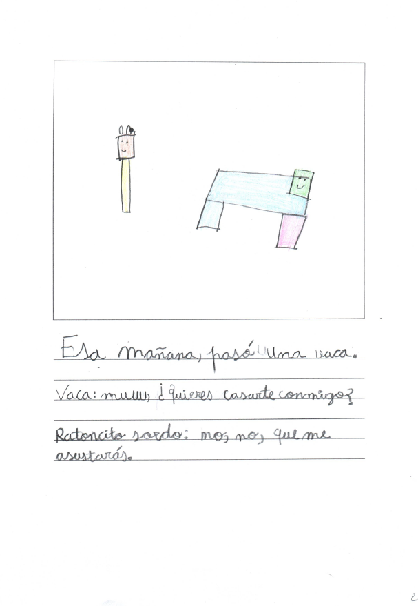 Dibujo infantil en el que se representa el ratoncito y una vaca   Los dibujos están realizados a base de cuadrados de colores, representando la cabeza, el cuerpo y las patas 