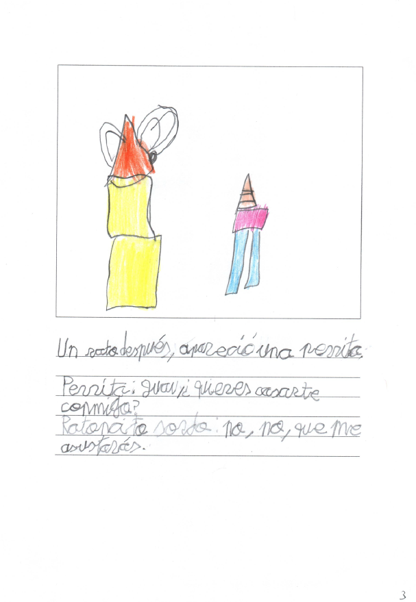Dibujo infantil en el que de nuevo se representa al ratoncito y una imagen a partir de triángulos y cuadrados en colores que representa a la perrita 