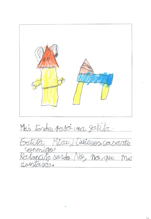 Dibujo infantil que representa el ratoncito y una gatita con triangulos y cuadrados de colores 