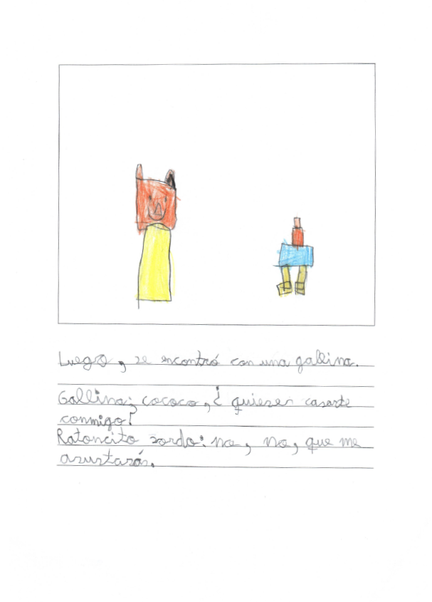 Dibujo infantil del ratoncito y la gallina realizado con triangulos y cuadrados de colores 