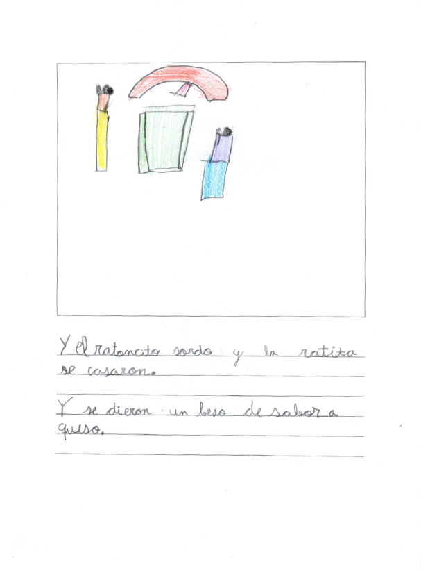 Dibujo infantil de la ratita y el ratoncito en el que parece que está en medio el altar en el que se casan, se representa una puerta verde y un arco encima