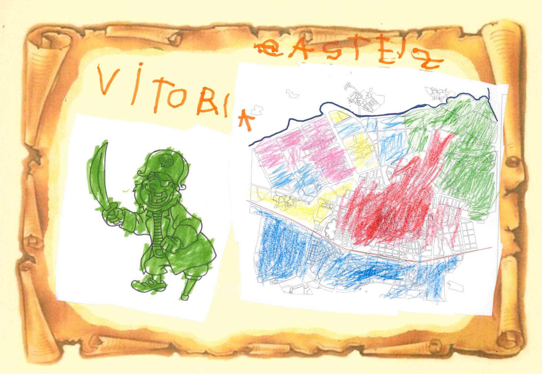 En este dibujo  aparece el pirata coloreado entero de verde con un plano de Vitoria Gasteiz al fondo 